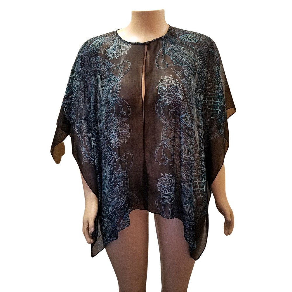 Maggie Barnes Open Front Black Blue Floral Paisley Kimono Topper One Size